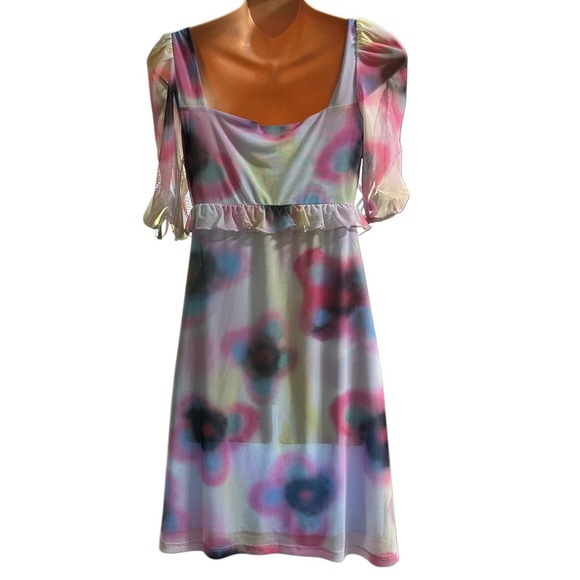 Topshop Floral Spray Paint Pink and Blue Mini Tea Dress with Ruffled Sleeves - Picture 9 of 9